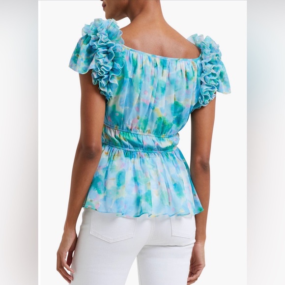 French Connection Gretha Hallie Crinkle Ruffle-Shoulder Top Size Medium - Picture 2 of 9